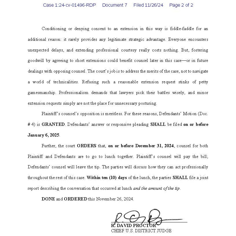 November 26, 2024 order, document 7, page 2, in McCullers v. Koch Foods, case 1:24-cv-01496-RDP, directing counsel to have lunch and file a report.